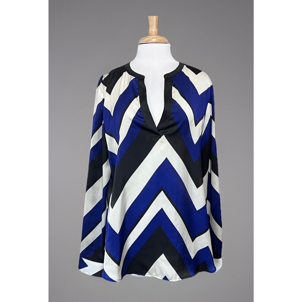 Ralph Lauren Chevron Colorblock Long Sleeve Satin Blouse Popover Tunic Womens XL